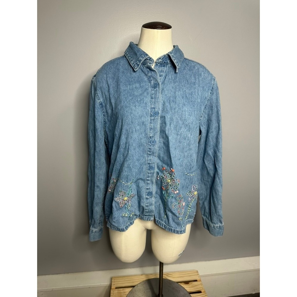 Christopher & Banks Denim Embroidered Floral Button Down Shirt Blue Large